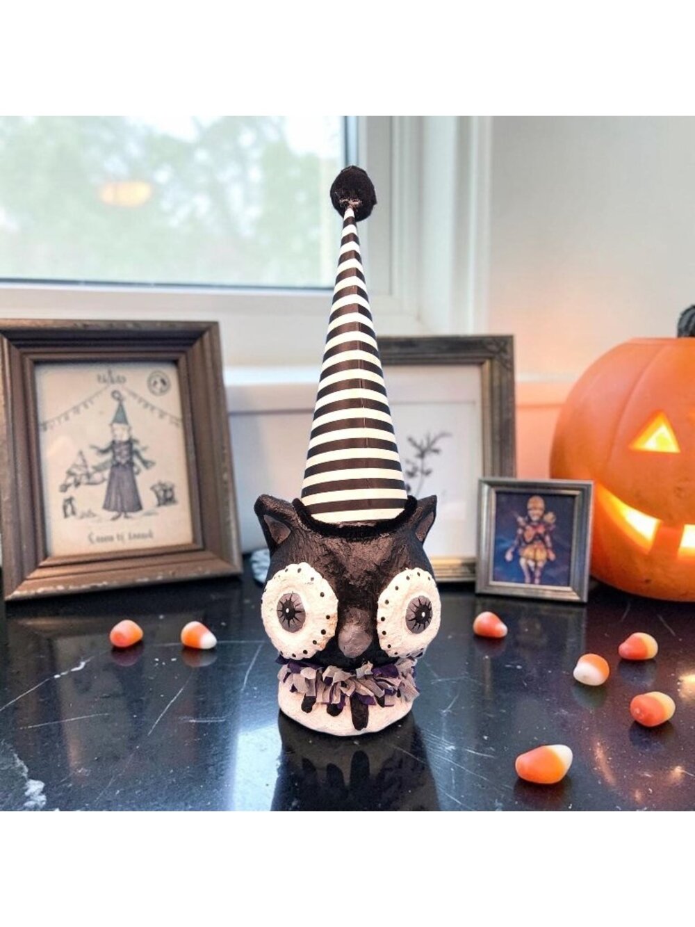 Halloween Owl Decoration Striped Party Hat Black White Pom Pom Paper Mache Style